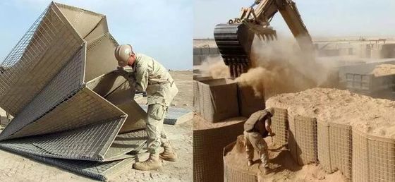 Hot Dip galvanized hàn hình chữ nhật Hesco tường rào chắn với vải màu nâu / xanh lá cây